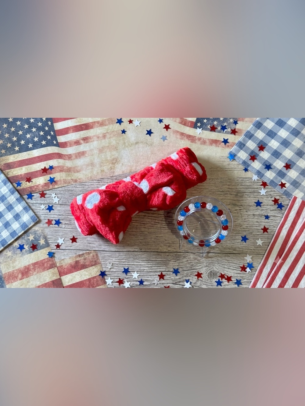 Patriotic Spa Day Set Plush Polka Dot Bow Headband & Beaded Stretch Bracelet
